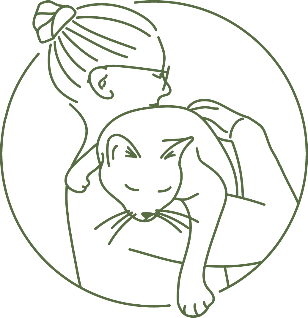 Logo d'Adeline Salvador, comportementaliste et cat-sitter, portant son chat sur l'épaule, tous deux affichant un regard paisible.